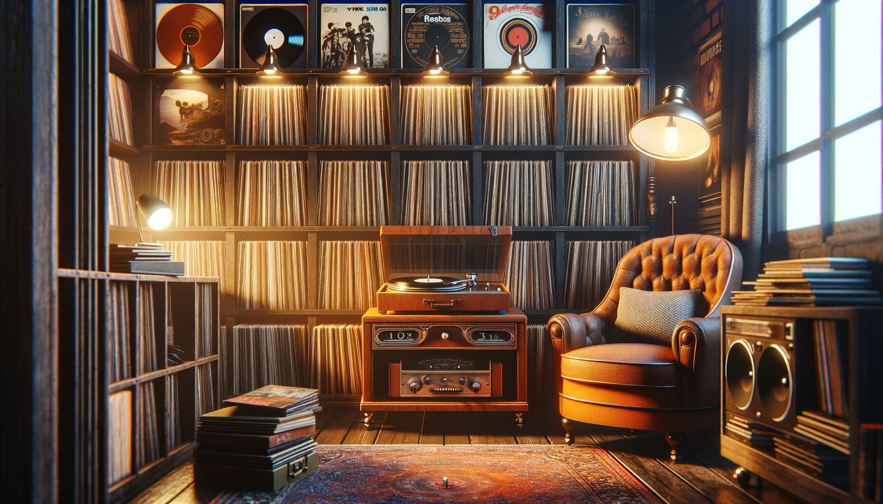 Sala aconchegante estilo vintage com prateleiras cheias de discos de vinil, toca-discos de madeira e poltrona confortável